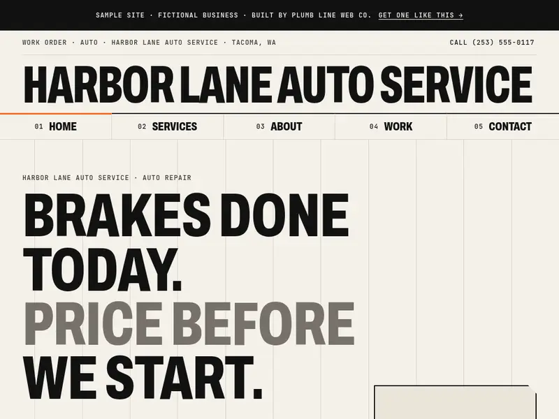 Screenshot of the Harbor Lane Auto Service sample site homepage