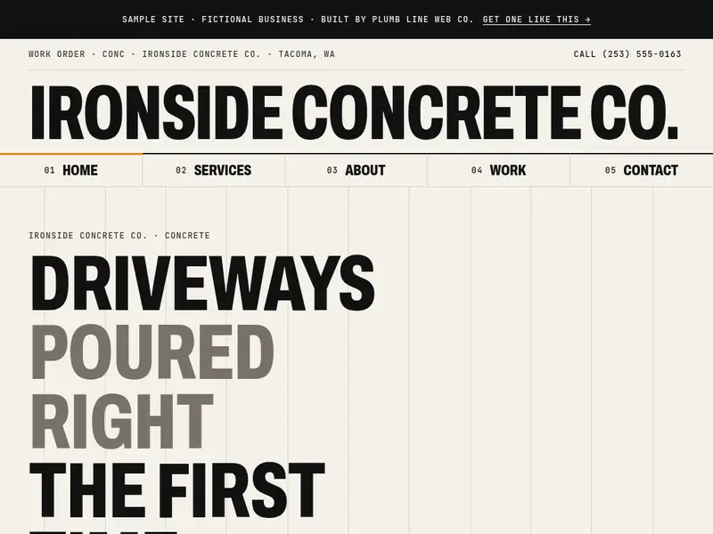 Screenshot of the Ironside Concrete Co. sample site homepage