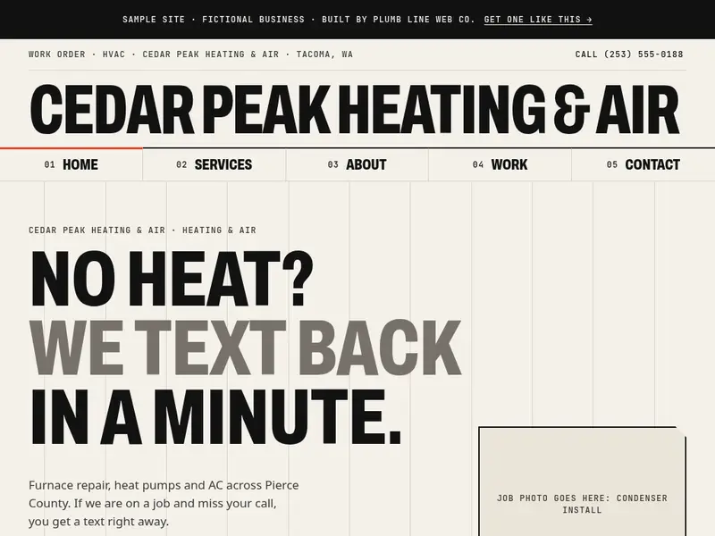 Screenshot of the Cedar Peak Heating & Air sample site homepage